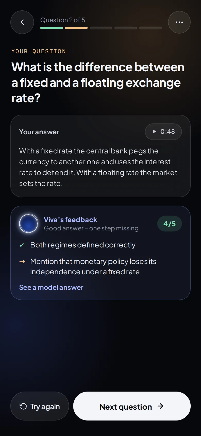 A question from the student's own list, their answer, and Viva's feedback with a score of 4 out of 5.