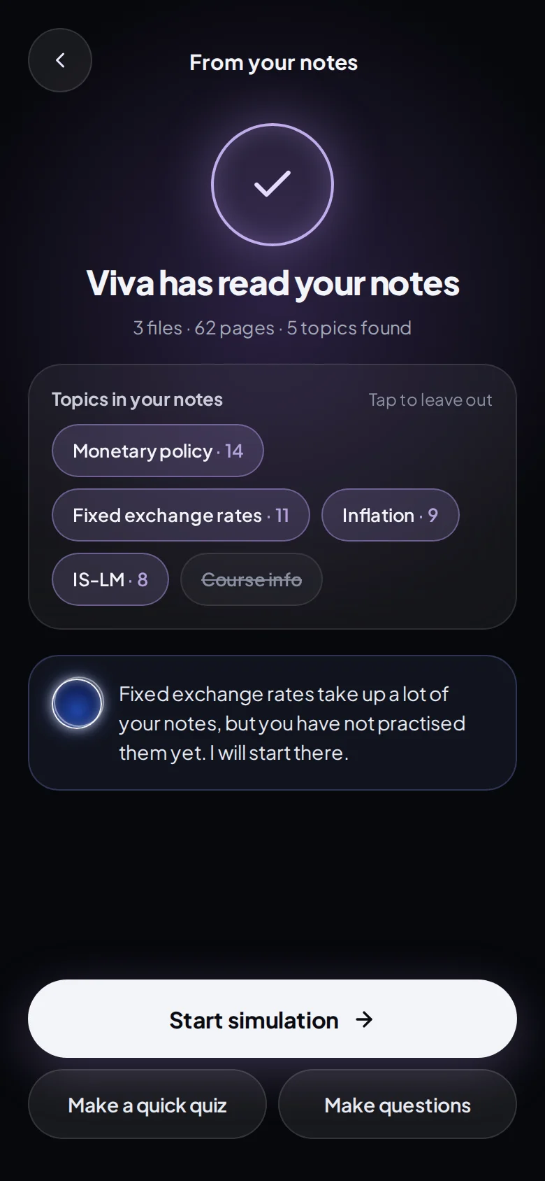 Viva has read three files of notes and lists the topics it found, with buttons to start a simulation, a quiz or questions.
