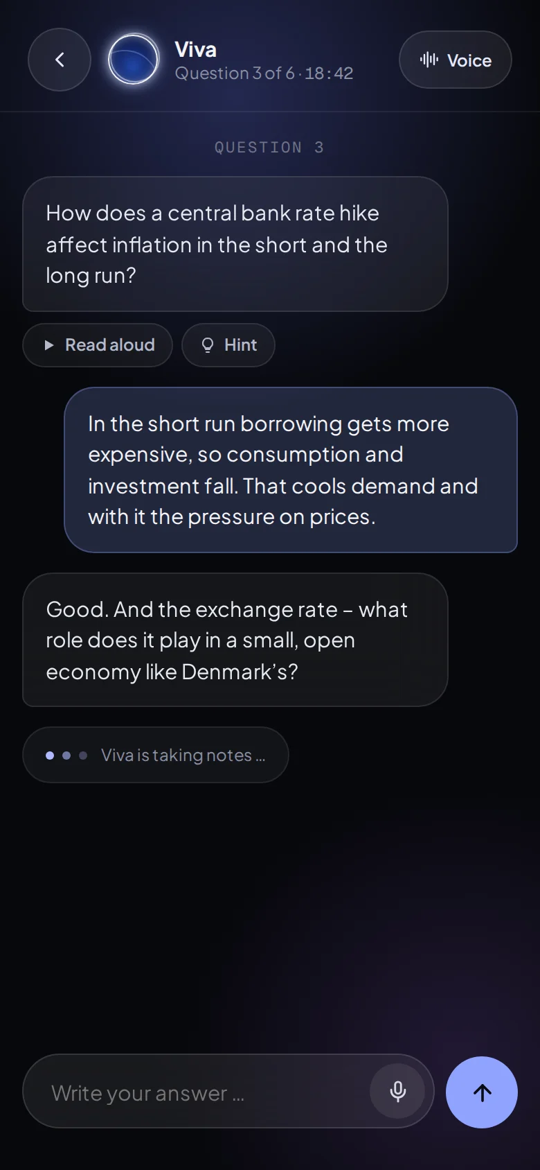 Viva's exam simulation: Viva asks about interest rates and inflation, the student answers, and Viva follows up.
